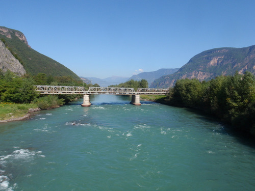 Crossing the Adige River and heading west for the resort on the Kalterer See.